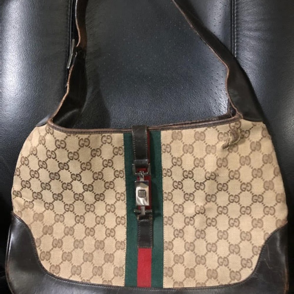 Authentic Woman Gucci luxury Jackie O Hobo Bag Canvas & Brown Leather